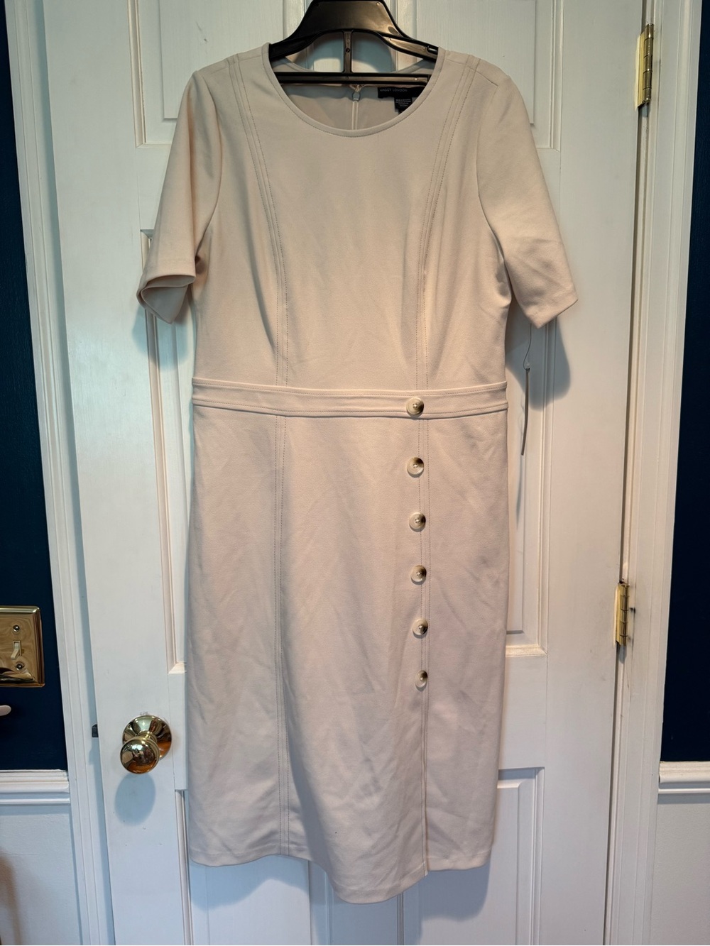 Maggy London Beige Short-Sleeve Midi Dress with Side Buttons